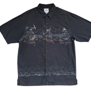 Guy Harvey AFTCO Bluewater Hawaiian Shirt Mens XL Black Fish Etchings Aloha